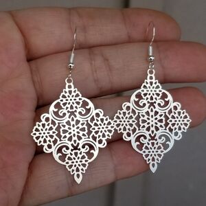Silver Filigree Dangle Earrings, Lacey Floral Filigree Earrings, Boho Earrings